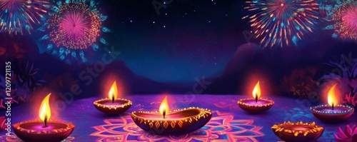 A colorful Diwali scene with diyas lit, rangoli designs on the floor, and fireworks exploding in the sky. photo