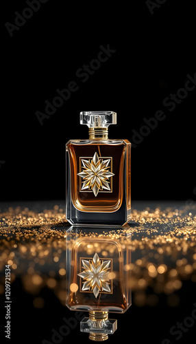 Luxurious glamorous shot of a crystal-like perfume bottle on a reflective surface