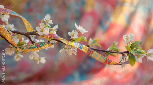 Nowruz spring celebration with blooming apple tree and colorful ribbons. photo