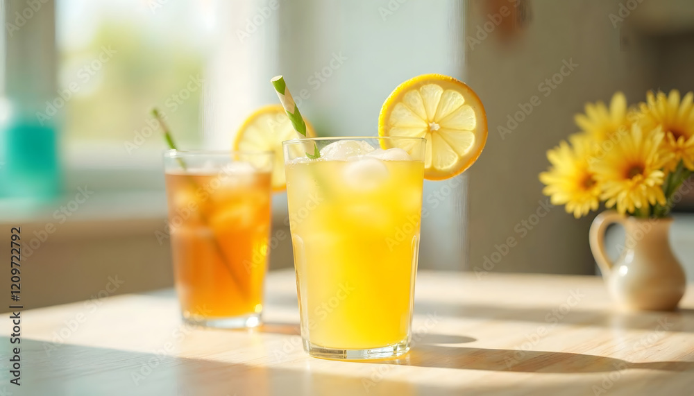 Fototapeta premium Two glasses of iced beverages, one lemonade and one iced tea, sit on a light wooden table