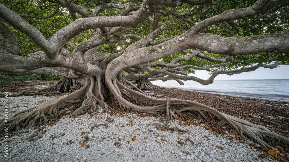 Ancient sprawling tree with exposed roots on a sandy beach near calm ocean. Ancient sprawling tree with exposed roots on a sandy beach near calm ocean.