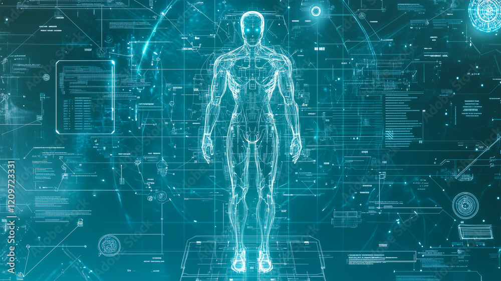 Naklejka premium 青い背景に描かれた未来的なロボットの設計図