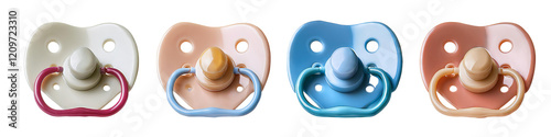 Colorful baby pacifiers in different shades isolated on transparent background