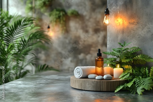 Relaxing spa still life with candles, flowers, and natural elements for wellness and aromatherapy