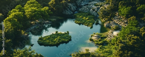 Aerial shot of a winding river surrounded by lush greenery, peaceful nature. photo