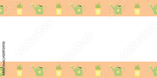 Vector border, frame of with watering cans, flower pots in flat style. Color horizontal top and bottom edging, decoration on topic of growing and caring for plants for home, garden