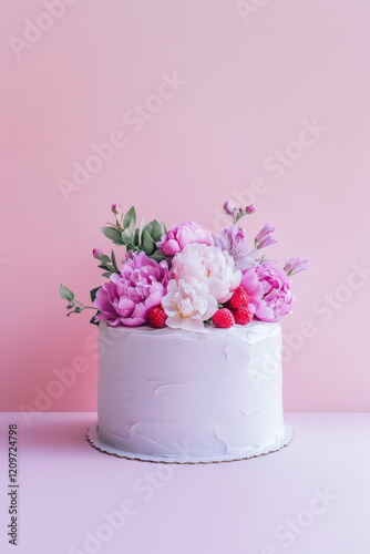 A lilac-hued cake adorned with pink peonies, alstroemerias, and fresh berries, set against a diagonally split pastel background in lavender and blush pink. Soft lighting highlights its elegant floral photo