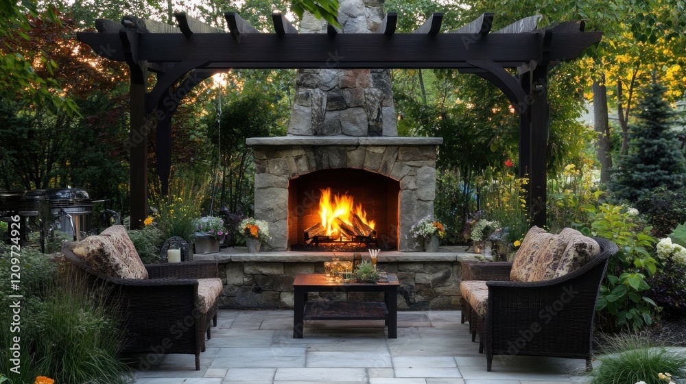 Cozy Outdoor Fireplace with Seating Area Cozy Outdoor Fireplace with Seating Area