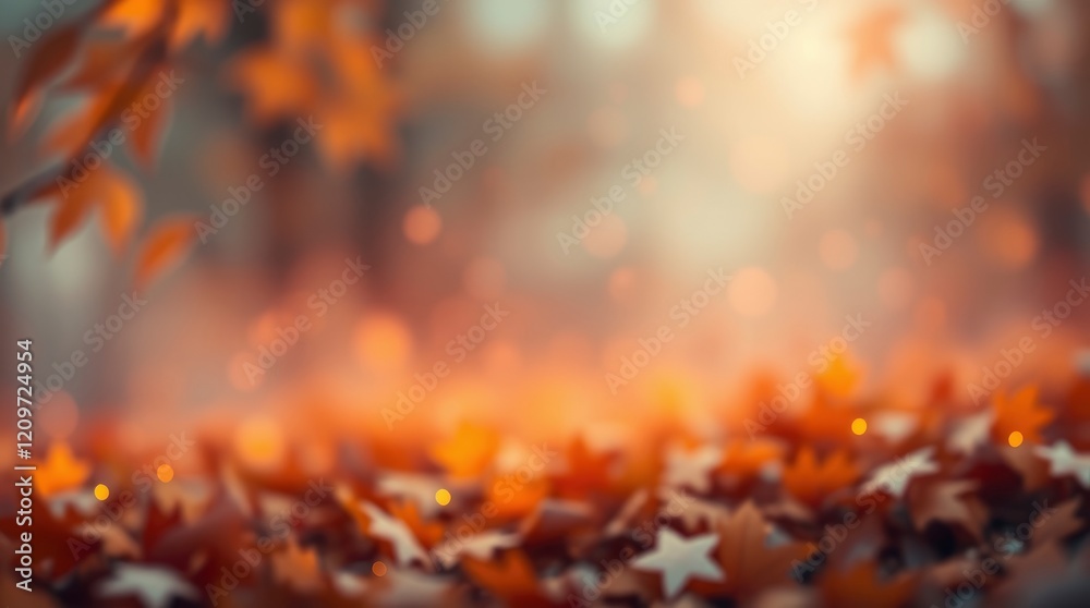 Autumn leaves, soft focus, warm orange glow, bokeh background, macro photography, fallen foliage, forest floor, ethereal lighting, vibrant fall colors, shallow depth of field, dreamy atmosphere