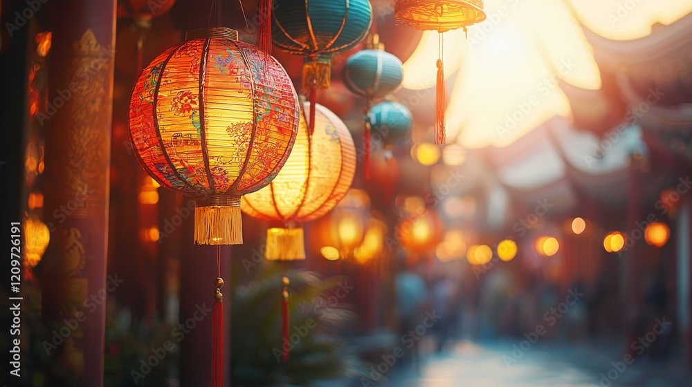 Vibrant Lanterns Illuminating a Serene Street Scene, Chinese New Year Festival Vibrant Lanterns Illuminating a Serene Street Scene, Chinese New Year Festival