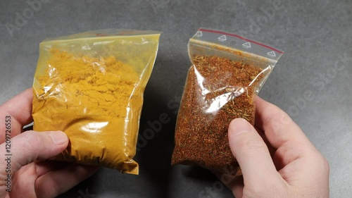 Two spice packets held in hands for cooking use