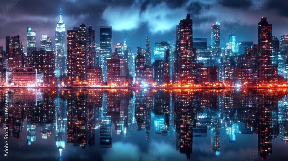 Fototapeta premium Nighttime Skyline with Reflections in Water