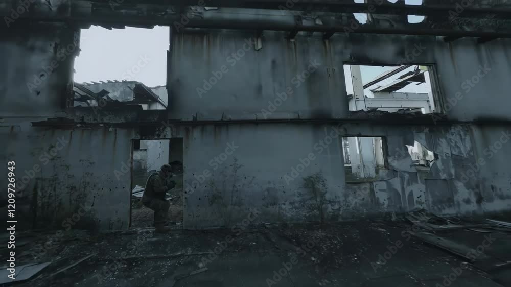Soldier clearing a ruined building in urban warfare Soldier clearing a ruined building in urban warfare