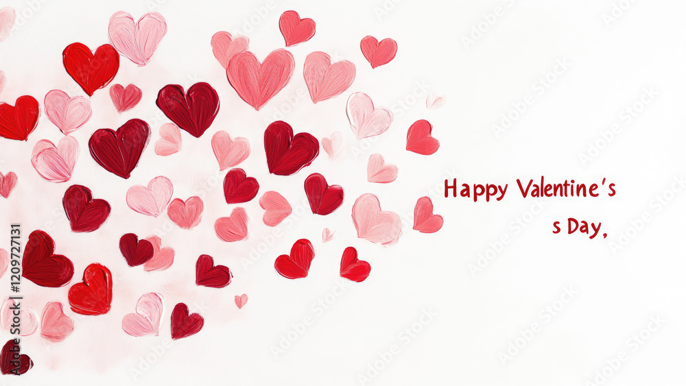 Happy Valentine's Day Greeting with Painted Red and Pink Hearts on a White Background Happy Valentine's Day Greeting with Painted Red and Pink Hearts on a White Background