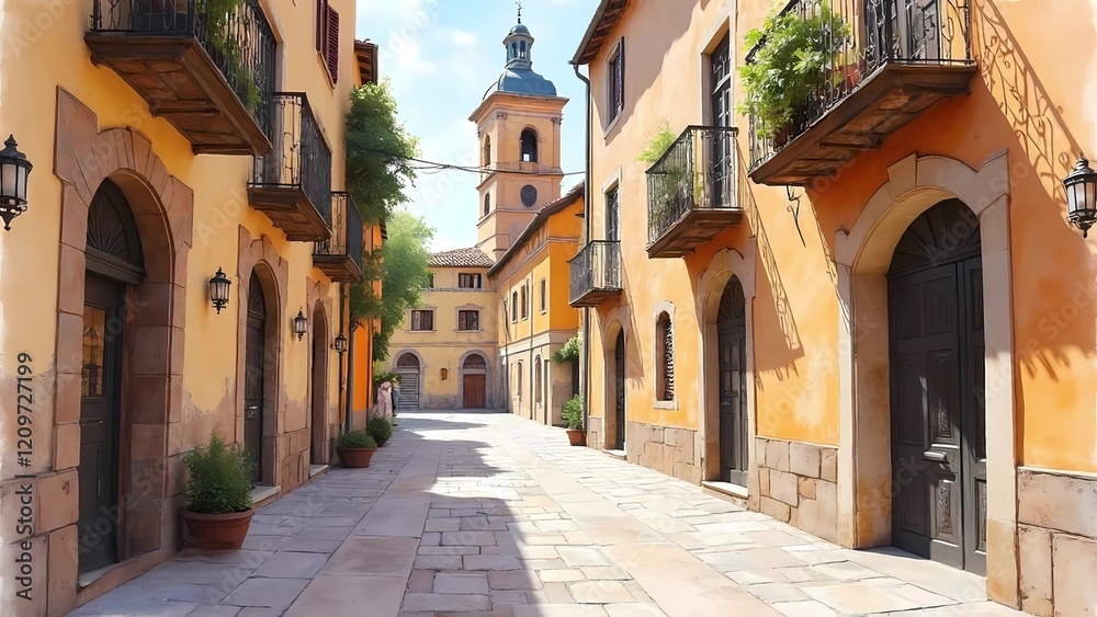 Obraz premium Watercolor painting of a cityscape in warm colors depicting historical architecture