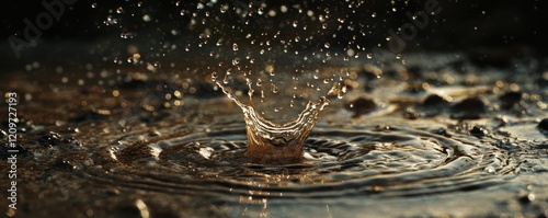 Wallpaper Mural A photorealistic image of a single raindrop splashing into a puddle, creating a ripple effect that spreads outward. Torontodigital.ca