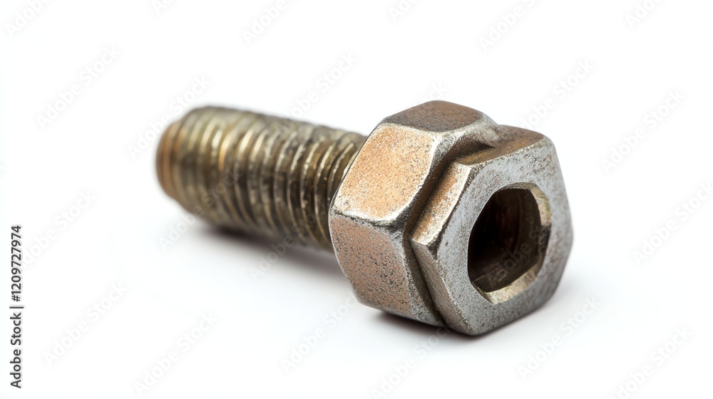 Close-up of a metallic bolt with nut against white background Close-up of a metallic bolt with nut against white background