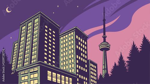 Urban Night Cityscape Illustration with Modern Skyscrapers and Purple Evening Sky