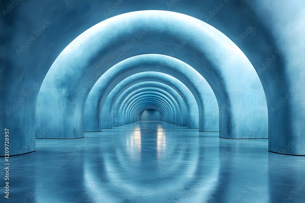 Fototapeta premium A futuristic blue light tunnel with circular patterns and a wave-like design