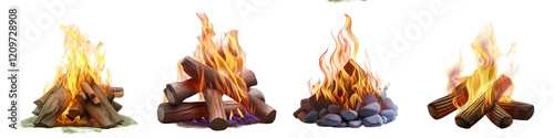 Campfire with wooden logs and bright flames isolated on transparent background