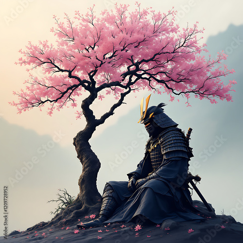 A Tranquil Samurai Beneath a Blooming Cherry Blossom Tree in a Serene Landscape