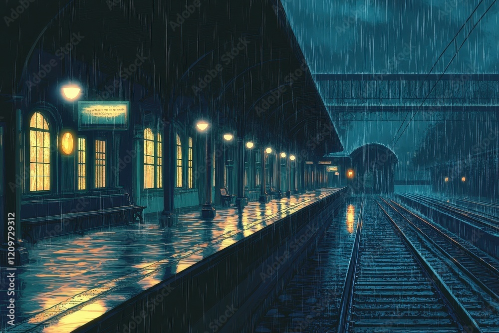 Rainy Night Train Station Platform Scene Rainy Night Train Station Platform Scene