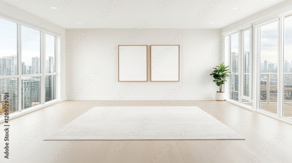 Fototapeta premium A cozy room features a soft white rug and a decorative picture frame elegantly displayed on the wall, creating a serene atmosphere.