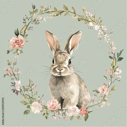 Easter bunny, rabbit in a Rococo-style frame on a light green background. Easter card.