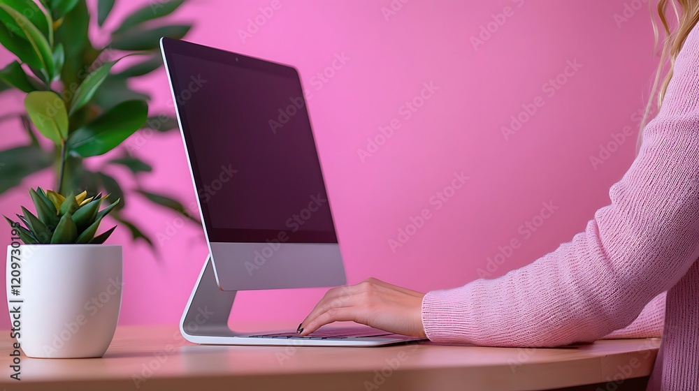 custom made wallpaper toronto digitalWoman Working on Computer at Desk with Pink Background