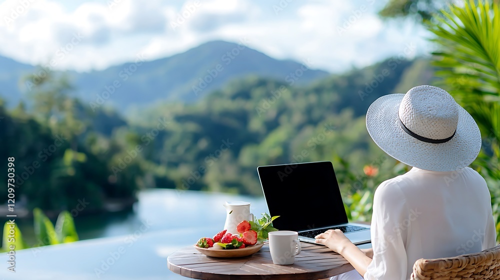 custom made wallpaper toronto digitalWoman working remotely by a pool with a mountain view