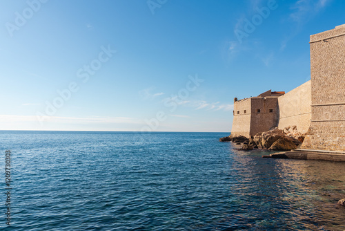 DUBROVNIK, Croatia The defensive walls of the old city of Dubrovnik. View of the tower and the sea