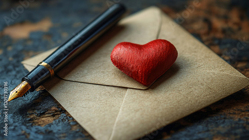 An envelope and a red heart. A declaration of love in a letter.