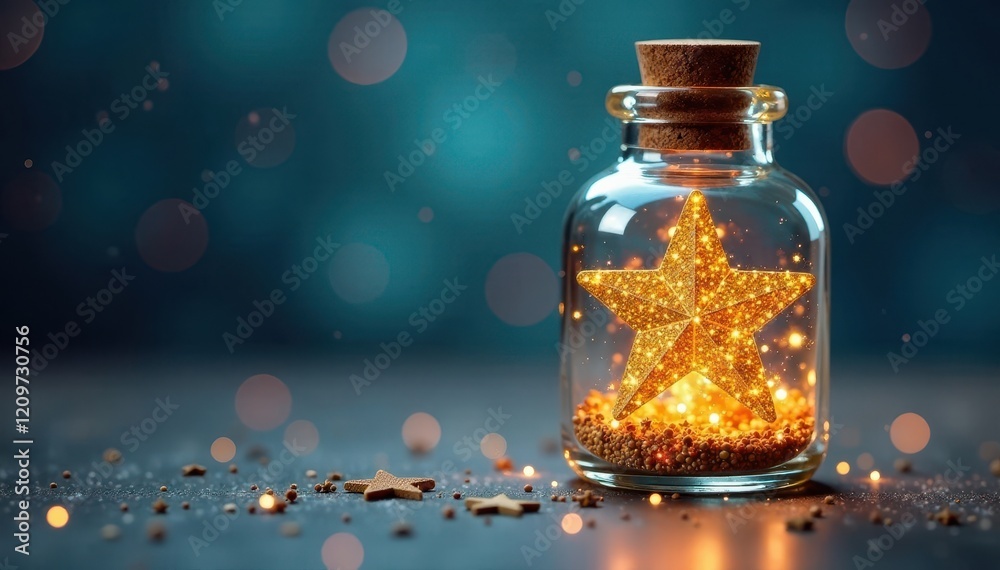 Shimmering star-shaped ornament in a glass bottle with glitter inside, star, sparkle, bottle Shimmering star-shaped ornament in a glass bottle with glitter inside, star, sparkle, bottle