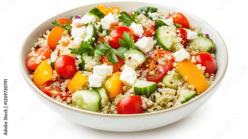 A colorful bowl of quinoa salad with cherry tomatoes, cucumber, bell peppers A colorful bowl of quinoa salad with cherry tomatoes, cucumber, bell peppers