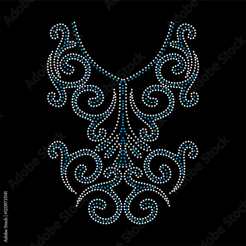 Rhinestone applique collar design for t-shirt or blouse hot-fix transfer. Abstract beautiful glitter applique rhinestone motif.	