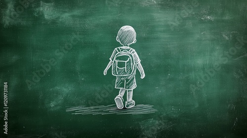 Chalk drawing depicting child walking on green surface with backpack during schooltime