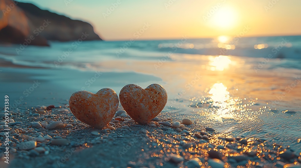 Fototapeta premium Romantic Sunset Beach Two Stone Hearts on Pebbles