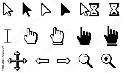 Pixelated white computer cursor icons. Pixelated white computer pointer icons. black and white set of cursors and pointers
