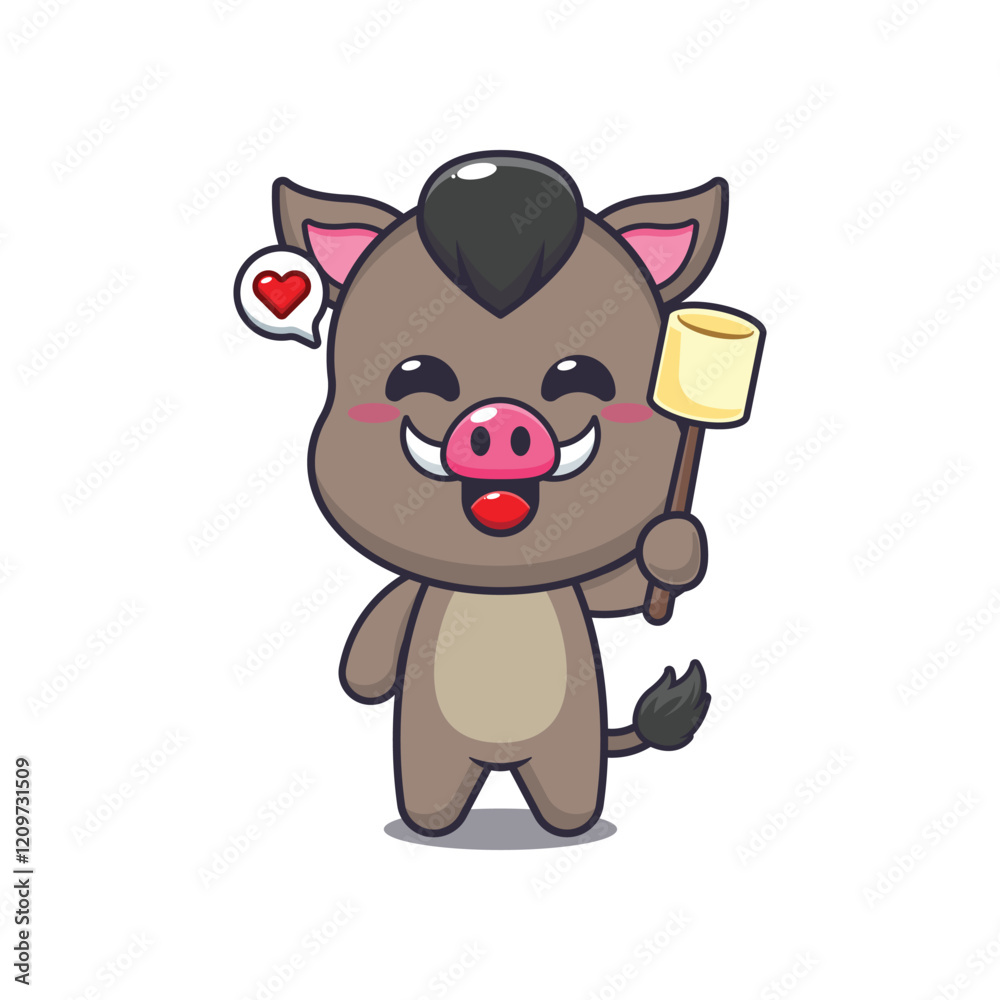Naklejka premium boar mascot cartoon character vector illustration eating marshmallow.