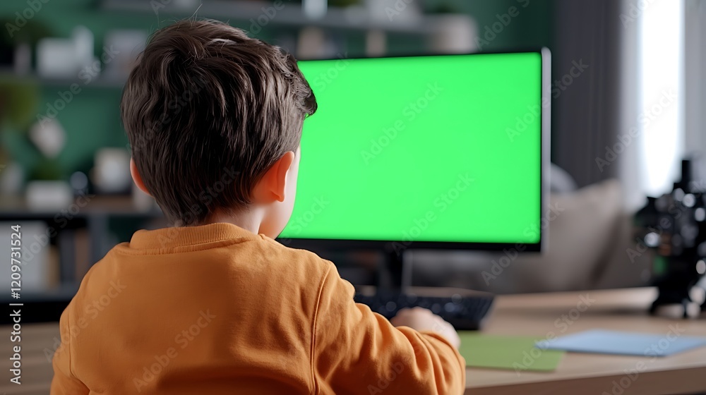 custom made wallpaper toronto digitalYoung Boy Using Computer with Green Screen