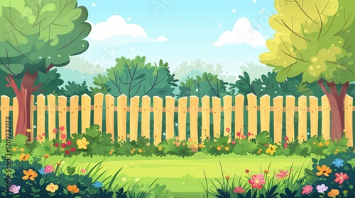 Serene Countryside Garden Hedge Landscape with Empty Fenced Backyard