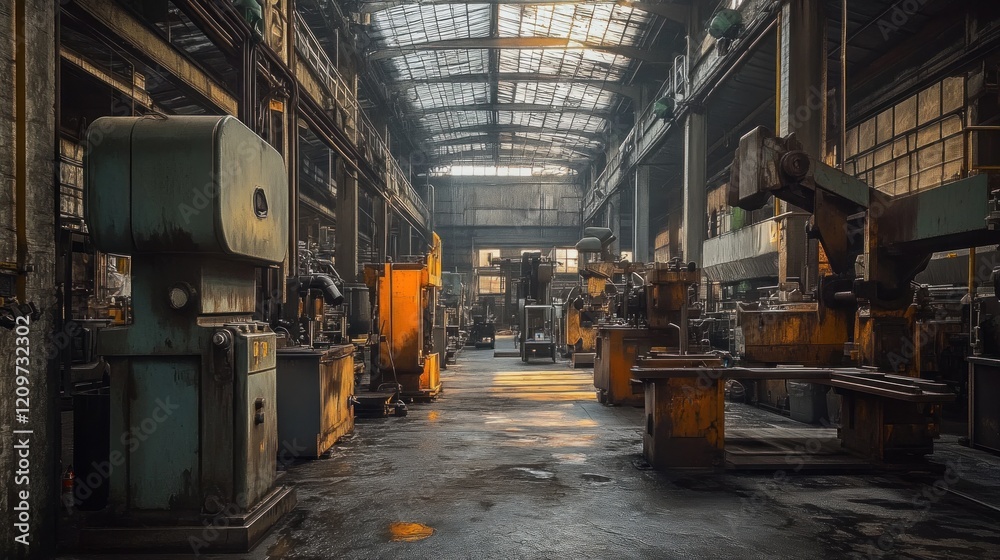 Abandoned Industrial Factory Interior with Sunbeams Abandoned Industrial Factory Interior with Sunbeams