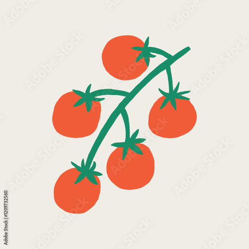 Cherry Tomato Branch Vine. Simple Pomodoro Tomatoes Vegetable. Hand Drawn Vector Illustration