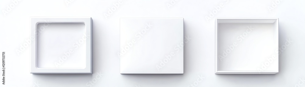 Three empty, white frames on a clean, isolated background for design purposes. Three empty, white frames on a clean, isolated background for design purposes.