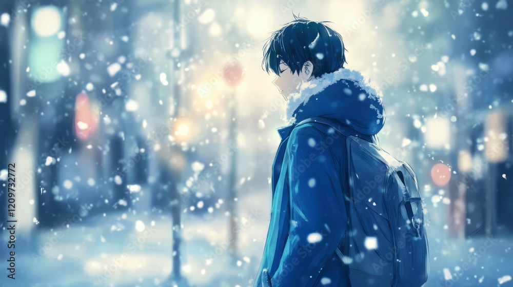 anime boy in blue coat standing under snowfall, soft pastel background, quiet and introspective mood anime boy in blue coat standing under snowfall, soft pastel background, quiet and introspective mood