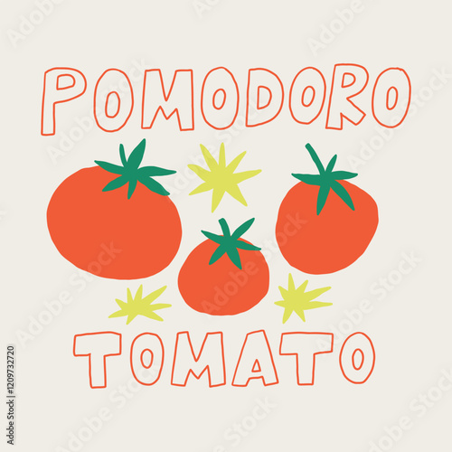 Pomodoro Tomato with Stars Print. Cherry Tomatoes Vegetable. Hand Drawn Vector Illustration