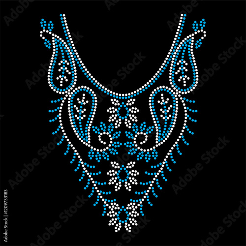 Rhinestone applique collar design for t-shirt or blouse hot-fix transfer. Abstract beautiful glitter applique rhinestone motif.	