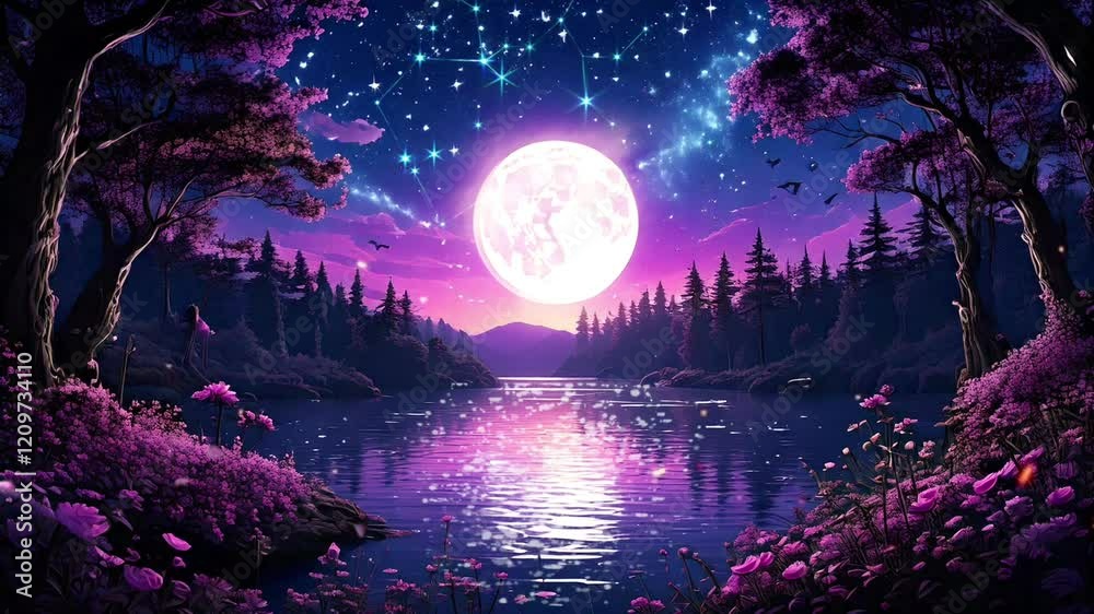 Enchanting moonlit lake scene, purple flowers, starry night sky, mystical forest, serene atmosphere. Perfect for fantasy, dreamlike backgrounds.