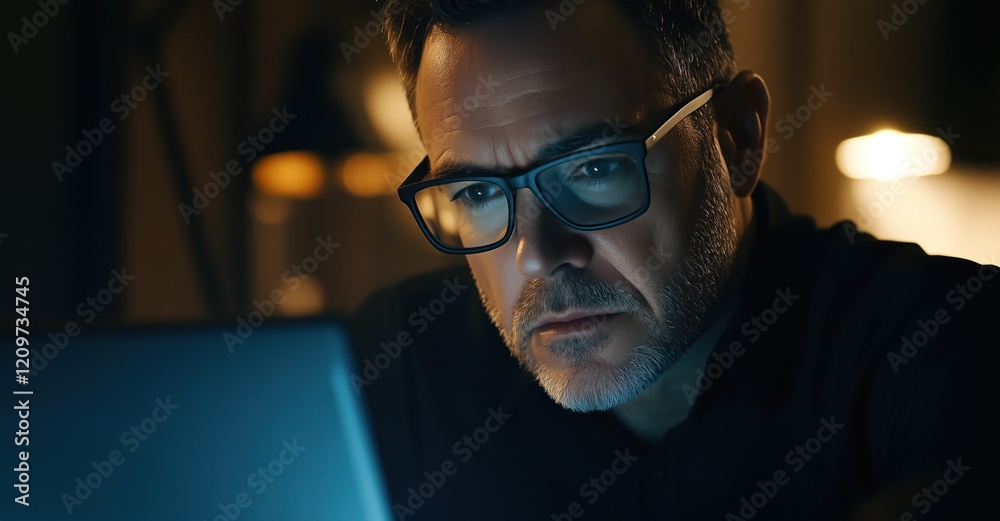 Un homme d'âge moyen portant la barbe et des lunettes travaillant sur son ordinateur portable au bureau, l'air concentré et déterminé. Un homme d'âge moyen portant la barbe et des lunettes travaillant sur son ordinateur portable au bureau, l'air concentré et déterminé.