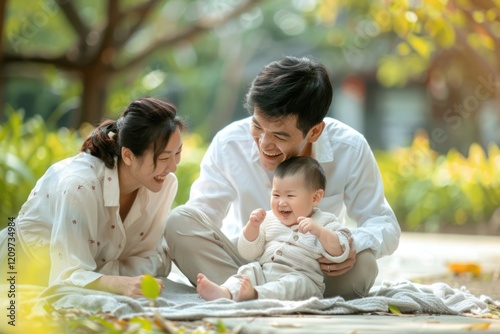 Happy chinese parent blanket people person photo